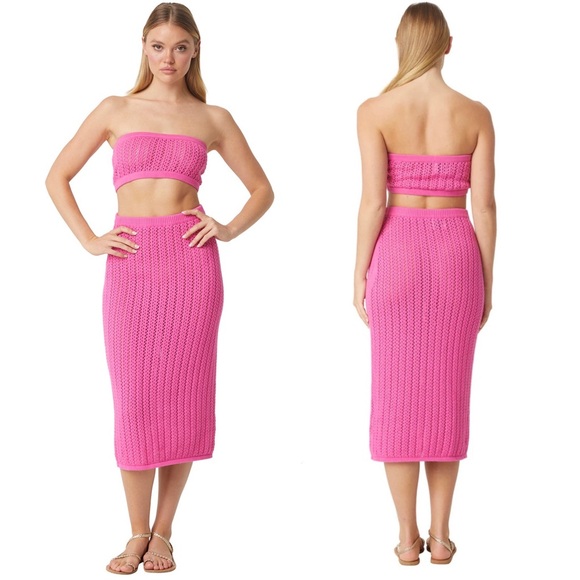 Misa Crochet Tia Bandeau Top Laya Midi Skirt Set Size Large NWT Barbie Pink - Picture 1 of 7